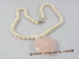 pn247 Fashion 6-7mm white potato pearl necklace dangling heart shape rose quartz