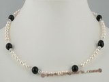 pn265 Designer Style white potato pearl choker necklace with black agate