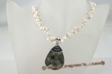 pn317 Double strand white keshi pearl twisted necklace with abalone shell pendant