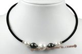 pn515 Black rubber cord big sea shell pearl beads necklace