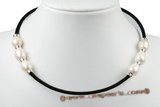 pn516 Black rubber cord necklace with 12-14mm chunky rice pearl