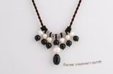 Pn569 Silk cord freshwater potato pearl jewelry with big black agate