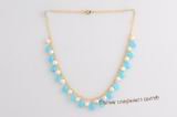 Pn573 Blue crystal and 6-7mm white potato pearl jewelry chain necklace
