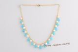 Pn573 Blue crystal and 6-7mm white potato pearl jewelry chain necklace