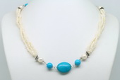 Pn599 White Seed Pearl Linked Princess Necklace with Turquoise Beads