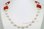 PN612 Hand Crafted Cultured Pearl Princess Necklace with Ablong Coral