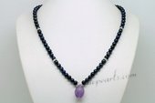 Pn622 Hand Knotted Black Pearl Princess Necklace with Oval Amethyst
