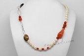 Pn637 Freshwater Pearl Necklace with Rice Pink Pearl, Agate & Tiger Eye