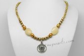 Pn646 Freshwater Pearl Necklace with 4-5mm Champagne Potato Pearls with Jade