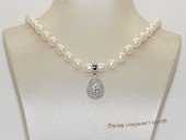 Pn658 Hand Knotted White Rice Pearl Necklace with Silver Drop Charm