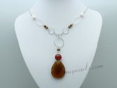 Pn660 Hand Warped Cultured Pearl Necklace with Crystal Pendant