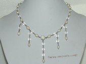 pn682   6-7mm White Potato Freshwater Pearl Siver Tone Chain Necklace With Crystal Beads