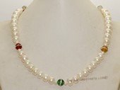 pn703 Single Strand White Color Cultured button Pearl & Gemstone Necklace