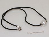 pn711  Black Leather  11-12mm White Whorl Pearl Necklace