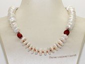 pn749 Freshwater coin pearl and  coral bead mesh tube style necklace