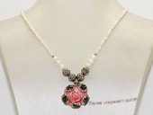 pn750   Hand knit 3-4mm white button pearl necklace dangling with a coral pendant