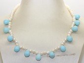 pn764 Single Strand White Color FreshWater Pearl & Blue Crystal Necklace