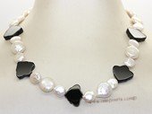 pn765  Black Agate with White Freshwater coin Pearl Necklace