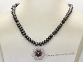 pn768   Hand knit 6-7mm black button pearl necklace dangling with sterling pendant