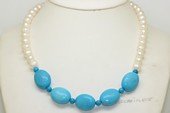 pn803 8-9mm White Potato Pearl and Turquoise Bead Princess Necklace