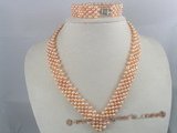 PNSET019 4-5mm pink potato shape cultured pearl choker necklace & bracelet