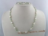 pnset045 6-7mm rice pearl with green faceted crystal beads neckalace and bracelets set