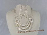 pnset047 three strands 7-8mm potato pearl with 925 silver chain bridal necklace earrings set