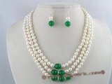 pnset055 Precious three rows 6-7mm white potato fresh water pearl necklace&earrings set