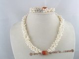 pnset056 4-5mm white side-dirlled pearl & agate necklace bracelet set
