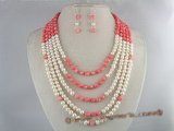 pnset082 Five strands pearl& coral beads necklace earrings set