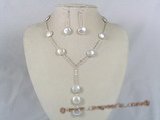 pnset103 wholesale silver white coin pearl Y style Necklace & earrings jewelry Set