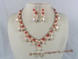 pnset104 wholesale pink potato pearl&coin pearl neckalce earirngs set with crystale beads