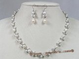 pnset119 Fanshion bread pearl with sterling silver tray necklace earrings set