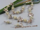 pnset147 White coin pearl &purple biwa pearl neckalce & earrings jewelry