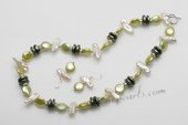 pnset148 Olive Green coin pearl &white biwa pearl neckalce earrings jewelry