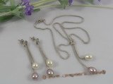 pnset167 Sterling Silver Lariat multi color Rice Pearl  Drop Pendant Earrings Set