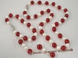 pnset207 wholesale 6-7mm white potato pearls and red jade necklace&bracelet set