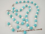 pnset210 Blue turquoise and 6-7mm white potato pearls necklace&bracelet jewelry set