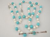 pnset219 wholesale Blue turquoise and 6-7mm potato pearls necklace&bracelet jewelry set