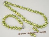pnset269 Gorgeous 7-8mm green sid drilled bread pearl necklace &bracelet set in wholesale