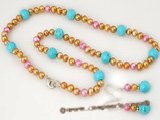 pnset285 Elegance Turquoise and Gold and Pink Freshwater Pearl Earrings and Necklace