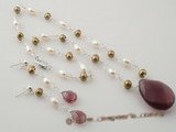 pnset340 Fashion hand worked sterling silver cultured pearl&crystal pendant jewelry set