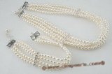 pnset406 Four rows 4-5mm freshwater round pearl choker necklace& bracelet set