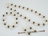 pnset407 Stylish hand knotted white pearl & smoking quartz costume jewelry set