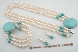 pnset418 Elegant triple strands freshwater pearl and turquoise spring necklace set