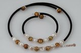 pnset448 Black rubber cord cultured pearl clearance necklace &bracelet set