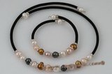 pnset449 Black rubber cord colorful clearance pearl choker necklace &bracelet set
