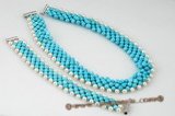 pnset471 Hand Knitted Round Turquoise and Pearl Choker Necklace& Bracelet