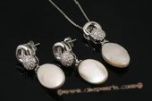 pnset477 Charming 925silver oval coin pearl pendant &earring jewelry set