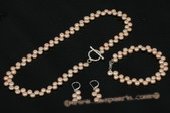 pnset505 Beautiful 6-7mm Side Drilled Bread Pearl Necklace Set in Pink